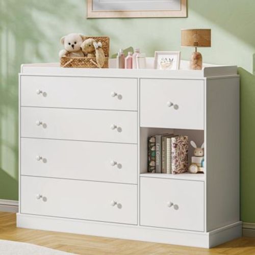 Kids Dresser Cabinet with 6 Drawers, Changing Table for Nursery with Shelf, Multi-Functional Chest of Drawers, Kids Bedroom Furniture, White