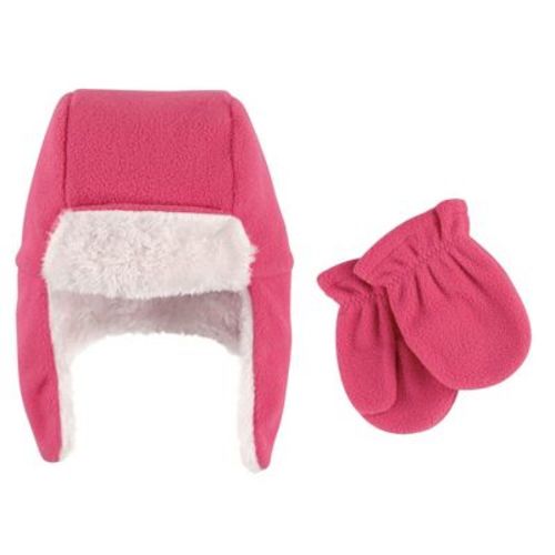 Hudson Baby Infant Girls Fleece Trapper Hat and Mitten 2pc Set, Dark Pink, 0-6 Months