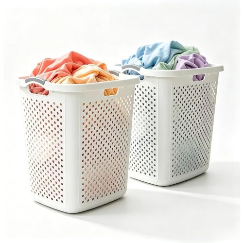 2.5 Bushel White Plastic Laundry Hamper with Carry Handles