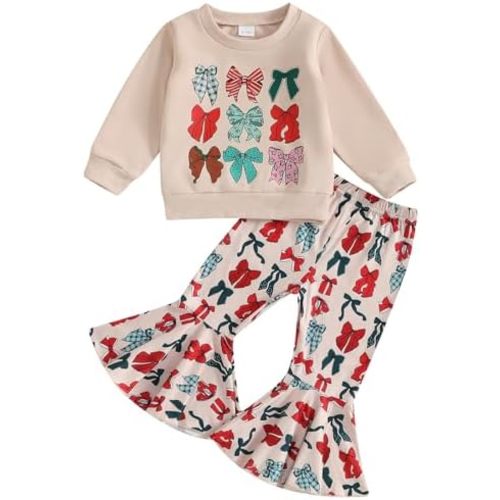 Mubineo Toddler Baby Girl Christmas Clothes Cute Bowknot Floral Outfits Sweatshirt Tops Bell Bottom Pant Kid Outfit