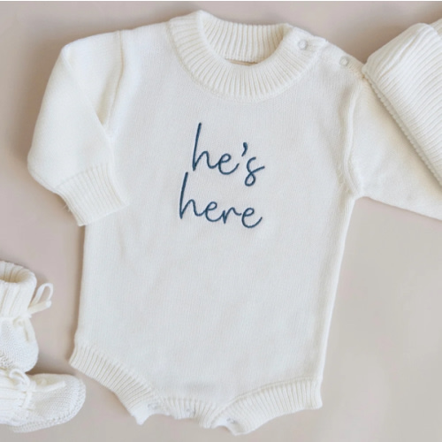 He's Here Knit Romper - Cloud