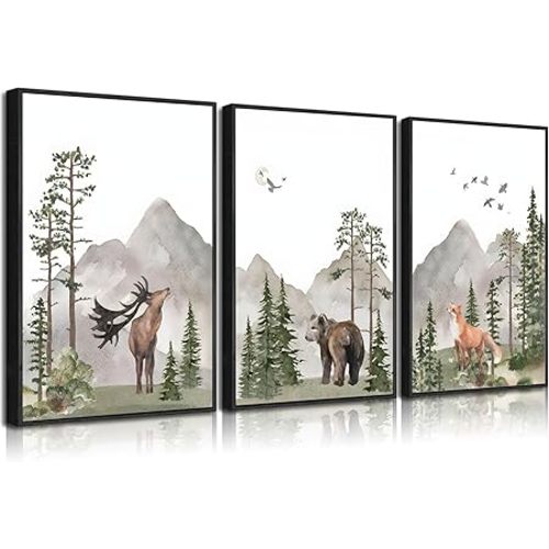 Set of 3 Woodland Nursery Wall Art Wild Animals Canvas Posters Prints Adventure Theme Forest Deer Bear Fox Watercolor Pictures Paintings for Boys Room Girls Room Wall Decor 12x16in Unframed