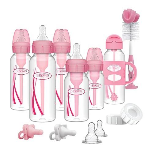 Dr. Brown's Anti-Colic Options+ - Juego de regalo de botella estrecha con botella de sorbete con popote, chupetes de silicona HappyPaci, tapas de almacenamiento/viaje y cepillo para botella, color rosa