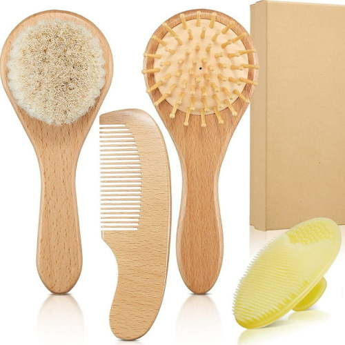 Anpro Baby Hairbrush and Comb Set, Newborn Infant Grooming Kit Wooden Baby Hair Brush with Soft Goat Bristles for Babies
