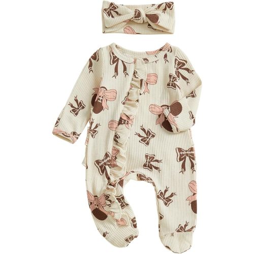 Ayalinggo Newborn Baby Romper Infant Girl One-piece Outfit Waffle Ruffle Zip Footie Spring Summer Clothes With Bow Headband