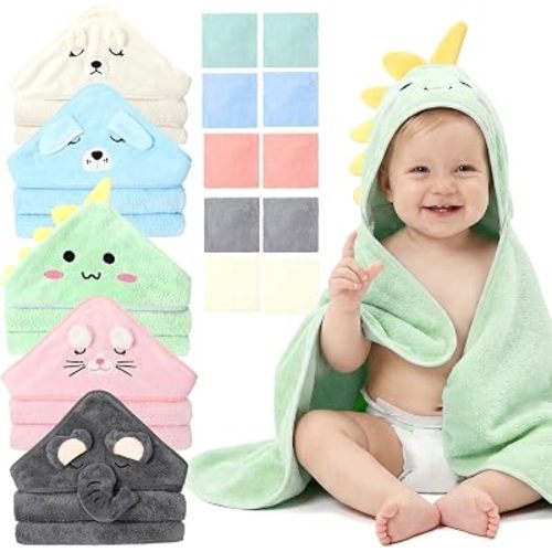 JATEBI 15 PCS Baby Bath Towels Set for Infants Toddlers Ultra Absorbent | 5 PCS Animal Hooded Baby Towels 10 PCS Washcloths Set Ultra Absorbent Cute Newborn Bath Essentials Gifts for Boys Girls