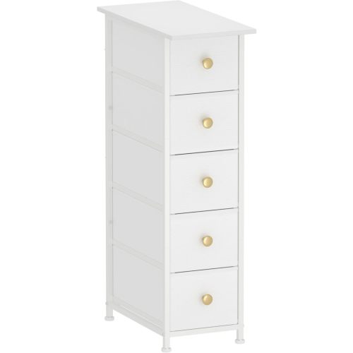 Narrow Dresser Cabinet Vertical Slim Dresser Chest of Drawers Skinny Storage Tower for Small Spaces Gaps Closet Bedroom Bathroom Small Fabric Drawer Unit (White, 5 Drawers)