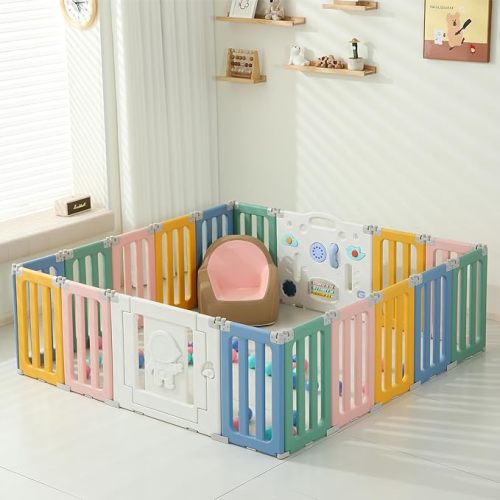 18 Panels Baby Play Pen, Extra Large Baby Playpen, Foldable Astronauts Play Pens for Babies and Toddlers, Adjustable Portable Fence Gate Playpen Yard, Colorful