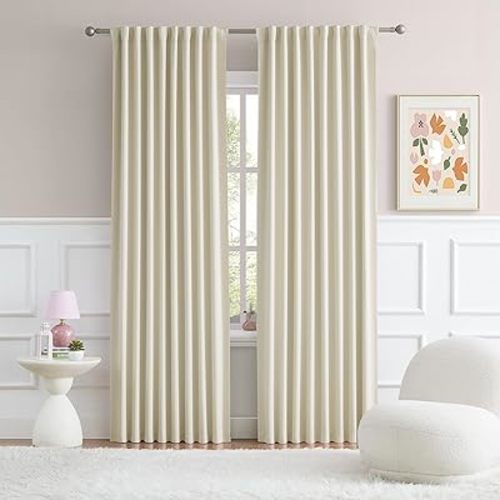DUALIFE Cream Blackout Curtains 90 Inch Long 2 Panels Set Back Tab Loop Pocket Modern Drapes with Heading Tape Thermal Insulated Room Darkening Curtains for Living Room 52 x 90 Inch