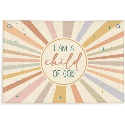 Lacama Christian Nursery Boho Wall Decor Linen Hanging Banner, I Am A Child of God, 30x20