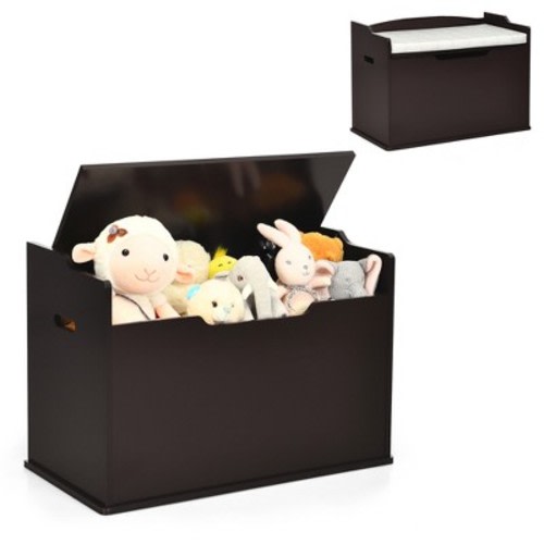 Costway Kids Toy Box Wooden Flip-top Storage Chest Bench W/ Cushion Safety Hinge Brown
