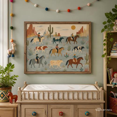 Cowboy Cattle Drive Painting, Vintage Western Decor, Desert Ranch Kids Wall Art, Physical Archival Print 299