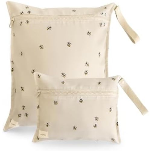 mushie Water Resistant Wet Bags | Large & Small Reusable Storage Bag for Baby Items and Travel | Zippered Pockets with Handle | Machine Washable, Set of 2 (Bees)