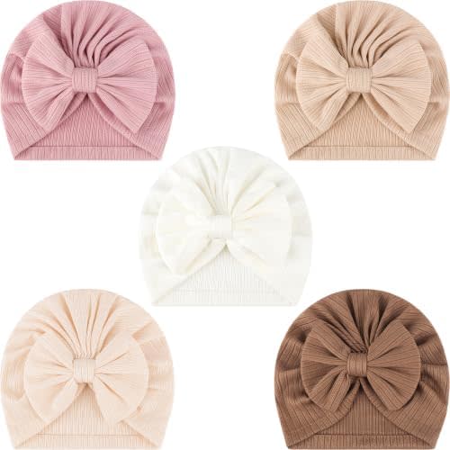 DRESHOW BQUBO 5 Pieces Newborn Baby Turban Hats Bow Baby Infant Beanie Breathable Toddler Cap for Baby Girls