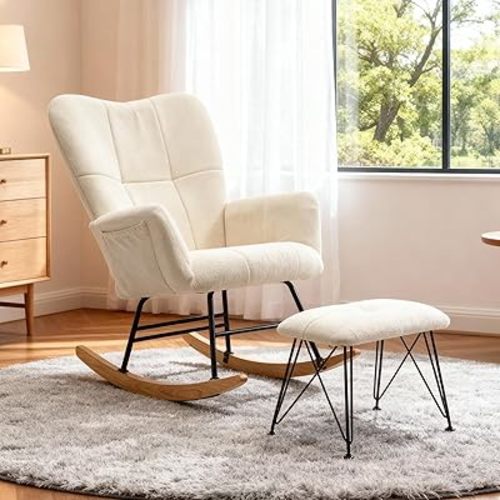 KEEZY Rocking Chair Nursery with Stool,Upholstered Glider Rocker,Rocking Accent Chair with Padded Seat with High Backrest,Reading Chair,Armchair Comfy Side Chair for Living Room Bedroom (Beige)