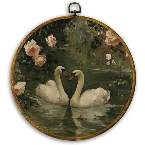 CUANFDDSF Vintage Floral Swan Round Wall Art, Classical Romantic White Swan Framed Hanging Wall Decor, Cottagecore Elegant Animal Canvas Prints Decorations for Home Bedroom Living Room, 10x10 Inch