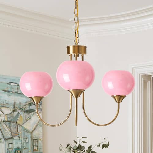 FEAZAC Pink Glass Globe Chandelier 3 Light Mid Century Modern Chandeliers Vintage Gold Pendant Ceiling Light Fixtures for Dining Room Kitchen Living Room Girls Bedroom