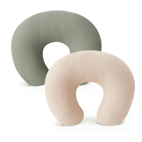 Konssy Muslin Nursing Pillow Covers, Soft and Cute Nursing Covers for Breastfeeding Pillows, Ideal for Newborn Baby Boys and Girls (Fog Green, Cream) - 2 Pack