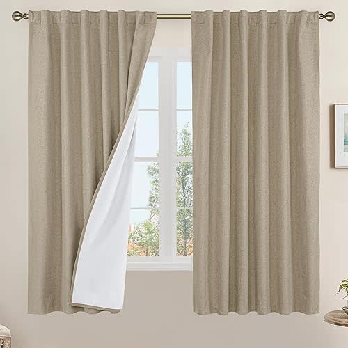 LAMIT 100% Blackout Natural Linen Curtains, 63 Inches Linen Textured Thermal Bedroom Curtains Back Tab and Rod Pocket Neutral Panels with White Liner for Farmhouse, 2 Panels, 52 x 63 Inch, Taupe