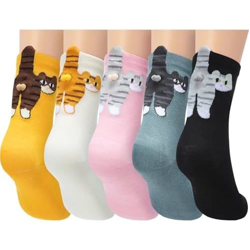 Ramede 5-pack Cute Cat Socks with Balls for Women, 3D Novelty Funny Animal Kitty Crew Sock Women, Christmas Cats Lovers Gift
