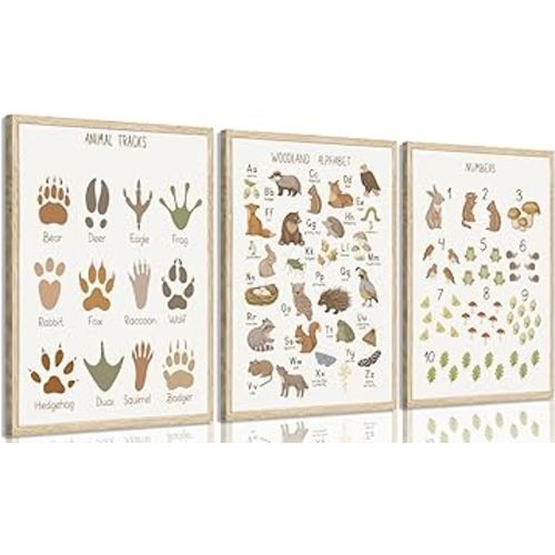 Animal Tracks Wall Art Woodland Animals ABC Wall Decor Alphabet Numbers Educational Posters Prints Nursery Pictures Toddler Learning Paintings Artwork for Classroom Kids Home Decoration