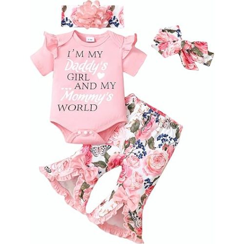 SUNNY PIGGY Newborn Baby Girl Clothes Infant Outfits Romper Floral Fall Outfit Bell Bottoms Pant Sets Hat Headband Flowerpant