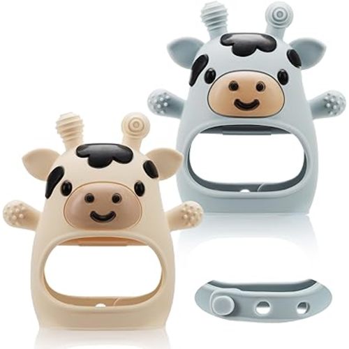 TOHIBEE 2 Packs Baby Teething Toys for 0-6 6-12 Months, Food Grade Silicone Adjustable Cow Teething Mitten, Chew Teether Toys for Teething Pain Relief, Baby and New Born Essentials, Blue & White