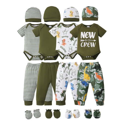 KIMI BEAR Newborn Baby Boys Layette Essentials Romper Pants Gift Sets 4 Packs Short Sleeves Dinosaur Print Bodysuit Tops Pants Set with Hats and Mittens 16pcs Outfits Green NB