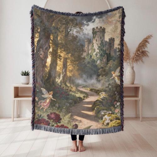 Enchanted Castle Fairy Woven Blanket Vintage Fantasy Tapestry Throw, Cottagecore Blanket, new home gift, tapestry gift