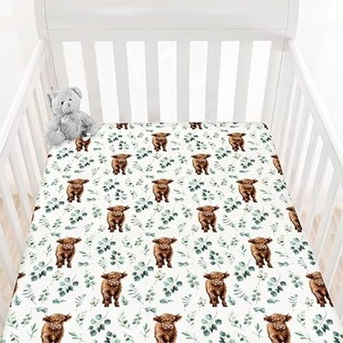 HawSkgFub Highland Cow Eucalyptus Leaf Fitted Standard Crib Sheet for Baby Boy Girl, Neutral Western Farm Animal Yak Toddler Mattress Cover, Soft Stretchy Nursery Bed Sheets Decor Kids Gift 52" x 28"