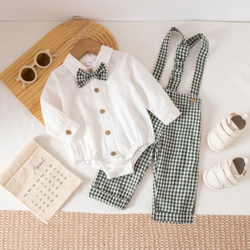 Baby Boy Gentleman Plaid Bodysuit Overalls 2-piece Set