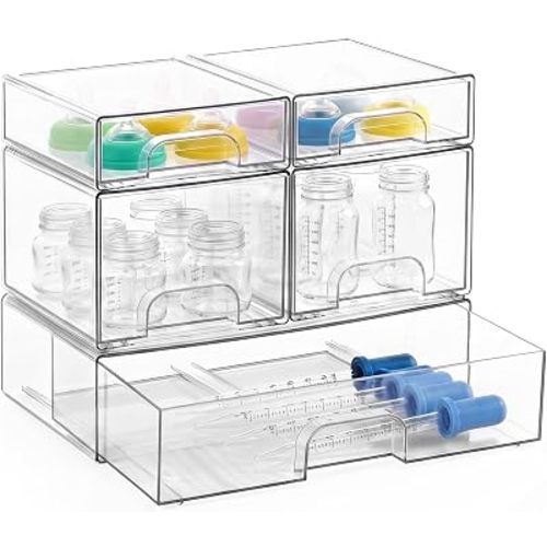 Stackable Bottle Storage Organizer Baby, Clear Acrylic Storage Drawers with Non-Slip Pads, Ideal for Countertop, Vanity, Bathroom, Kitchen, Cabinet, Pantry, and Office Organization, 5 Pack