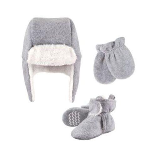 Baby Unisex Unisex Winter Warmth 3Pk Earflap Hat, Mittens & Plush Booties