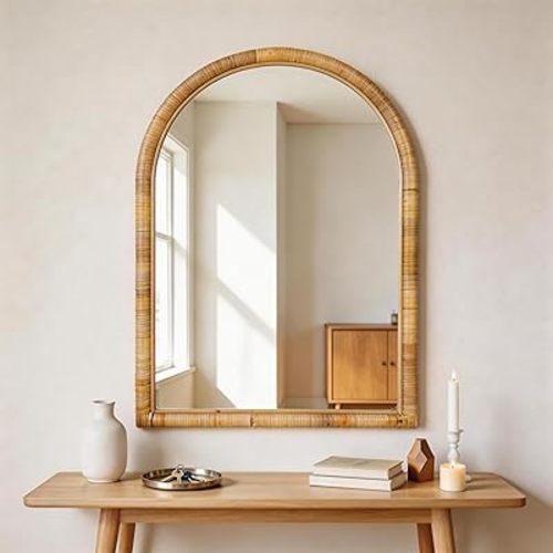 Rattan Wall Mirror, 36 x 24 - Boho Style for Bedroom, Bathroom, Living Room & Entryway (Natural Rattan Frame)