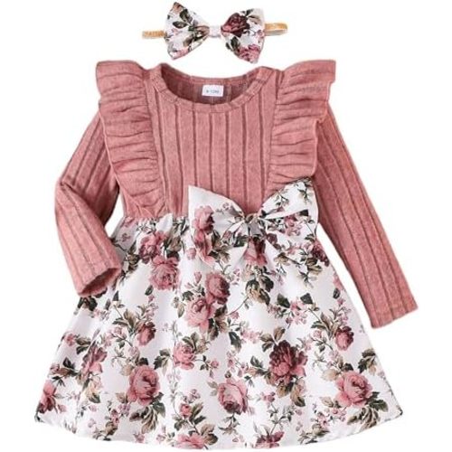 Ichigobaby Baby Long Sleeve Fall Dress Baby Girl Clothes Ruffle Toddler Casual Dress Infant Cute Clothes Winter Outfits