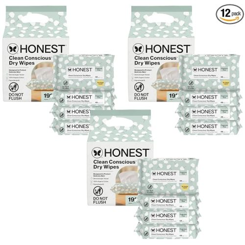 The Honest Company 100% Pure Organic Cotton Dry Wipes, Hypoallergenic, Multi-Use, Baby Facial Cloths, 192 Count (Pack of 3)