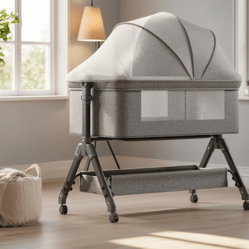 5-in-1 Convertible Baby Crib Portable Folding Bed with Mattress Locked Wheels Changing Table for 0-36 Months Unisex, GREY
