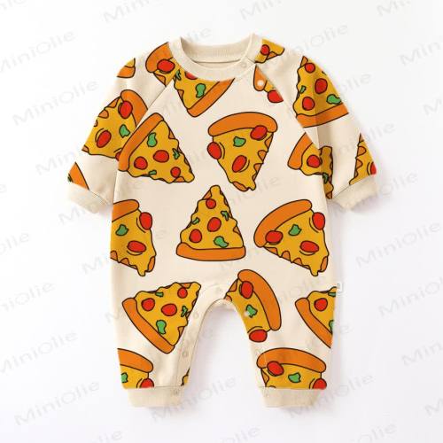 Baby Funny Pizza Print Beige Romper