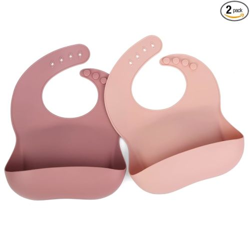 Silicone Bibs for Babies Girl, Waterproof Adjustable Silicon Rubber Baby Feeding Bibs with Food Catcher Pocket for Toddlers 6 Months+ (Mauve/Baby Pink)