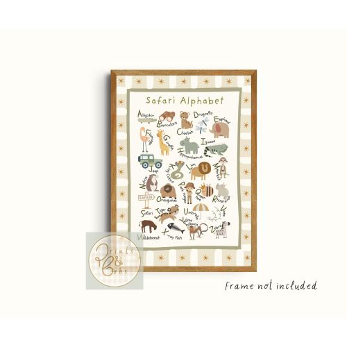 Kids safari and jungle alphabet border print. Perfect gender neutral wall art for a playroom, nursery or child’s room (unframed)