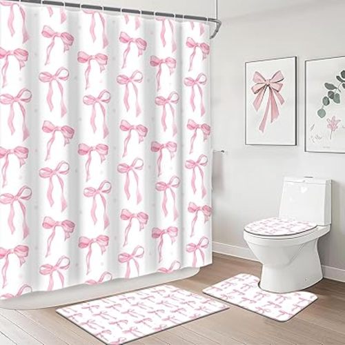 MEHOFOND Pink Bow Shower Curtain Sets 4 Pcs for Girls Coquette Bow Bath Curtain Set with Shower Curtain,Non-Slip Rug,Toilet Lid Cover, Bath Mat and 12 Hooks Pretty Modern Aesthetic Bathroom Decor
