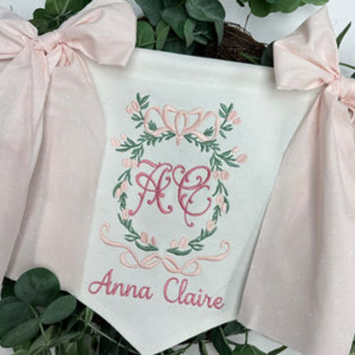 Floral Bow Frame Baby Girl Banner with Pink Fabric Bows – Queen of Threads Monogramming