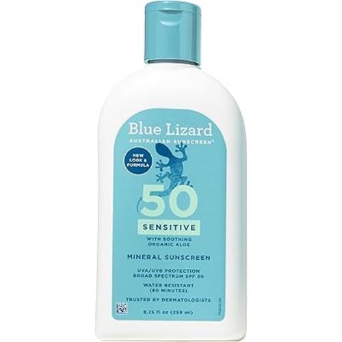 Blue Lizard SENSITIVE Mineral Sunscreen with Zinc Oxide, SPF 50+, Water Resistant, UVA/UVB Protection with Smart Bottle Technology - Fragrance Free, 8.75 oz.