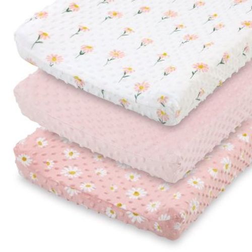 The Peanutshell Changing Pad Cover for Baby Girls, Daisy Plush Minky, Pink