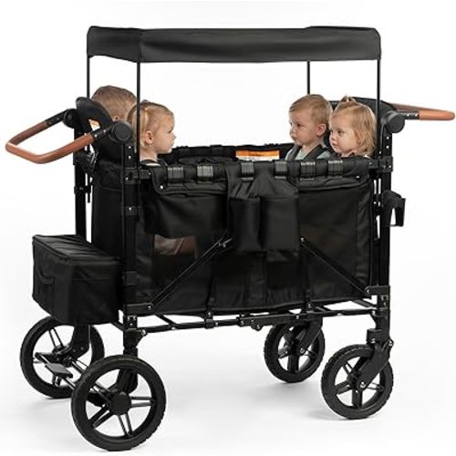 Real Relax Wagon Stroller for 4 Kids, Collapsible 4-Seater Stroller Wagon with 5-Point Safety Harness, UV-Protection Canopy, Detachable Tray, Adjustable Handle, All-Terrain Wheels