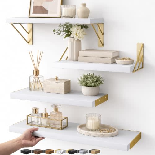 BAYKA Wall Mounted Floating Shelves (White and Gold, Set of 4, 16" Mixed) | Bracket Holds 40lbs, Rustic Wood Wall Shelf, Bedroom Essentials & Decor, Space-Saving Display & Organizer, Hanging Bookshelf