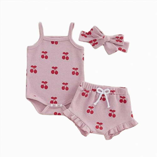 CAUYDY Infant Baby Summer Clothes Set for Newborn Girl Short Sleeve Romper + Cute Print Elastic Shorts + Bow Headband 3PCS for Toddler Girls Outfits (Sizes 12-18 Months,W6-Red)