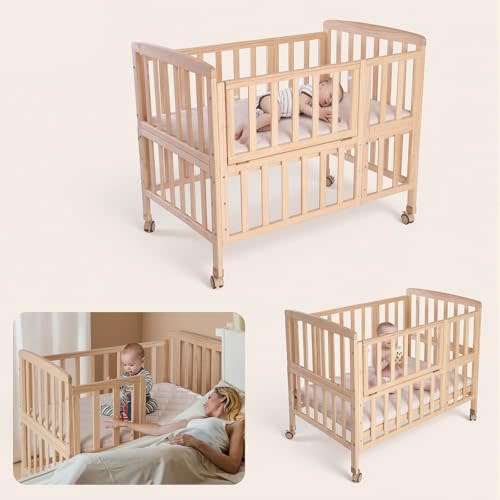 Flwrgirl Convertible Mini Baby Crib - Portable Bedside Bassinet with Mattress Included,3 Heights Baby Crib with Wheels for Newborns,Infant 0-18 Months,Unpainted