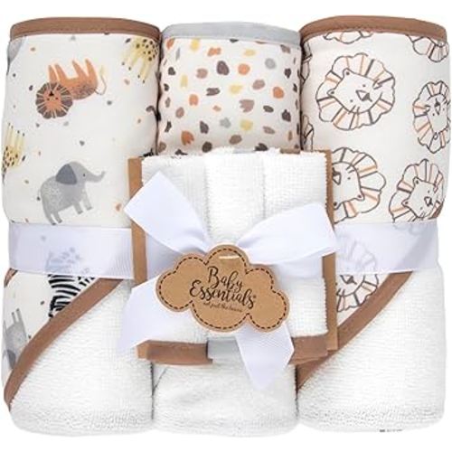 Baby Bath Essential Hooded Baby Bath Towel and Washcloth 6 Piece Set for Newborns, Infants & Toddlers, Boys & Girls Baby Hooded Towels Set (Safari Animals)