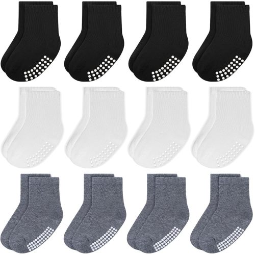 JAKIDAR 12 Pack Baby Toddler Socks Non Slip Grip Cotton Crew Socks for Boys Girls Infants Kids